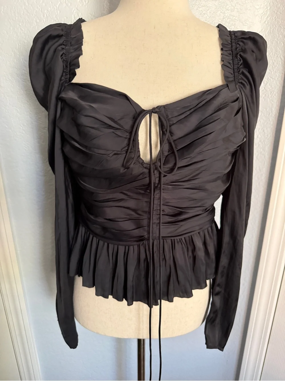 Ulla Johnson Black Ruched Peplum Blouse Puff Sleeve Silk Blend Top S